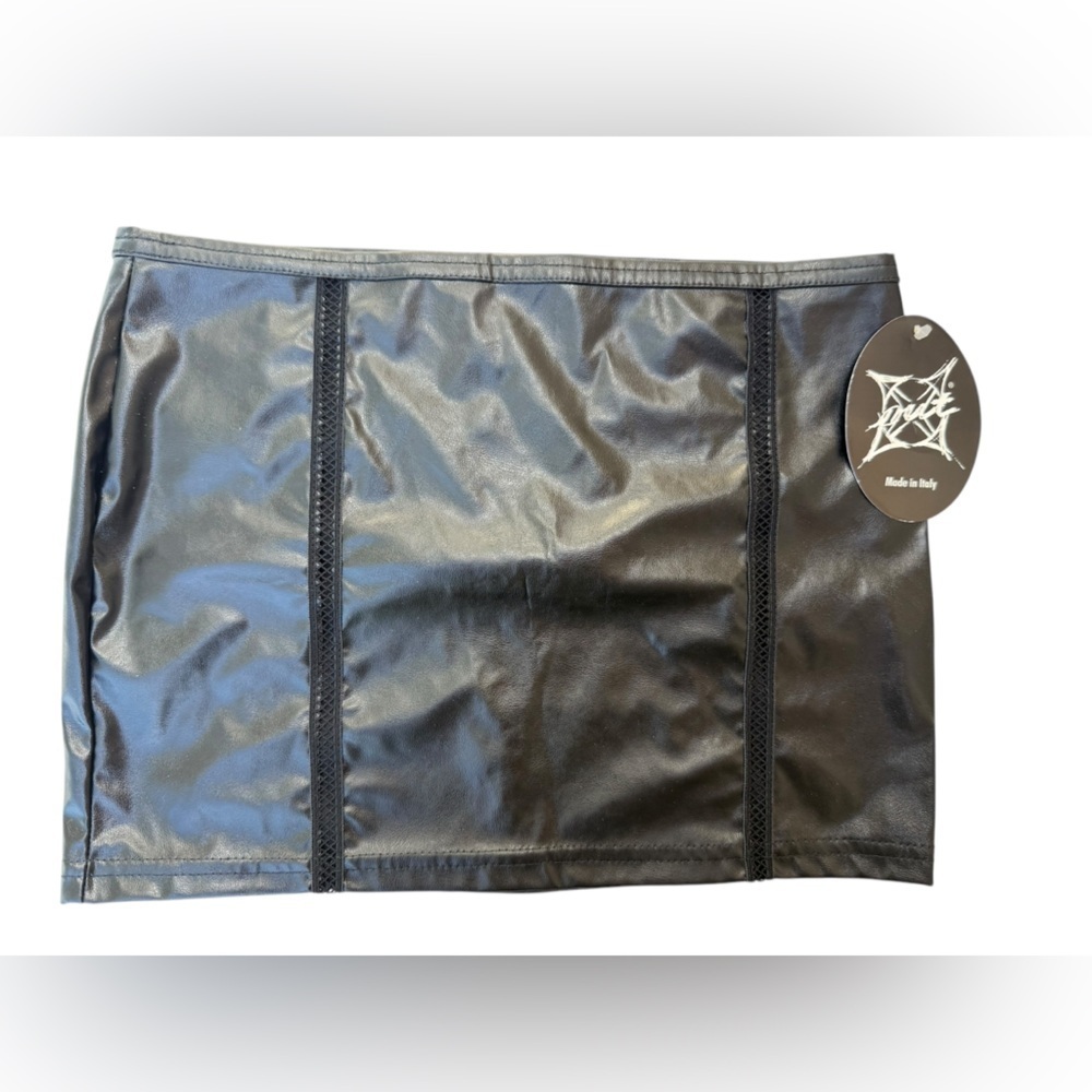OutX Out X Faux Black Leather Peek A Boo Mini Skirt NWT SzSm Made in Italy